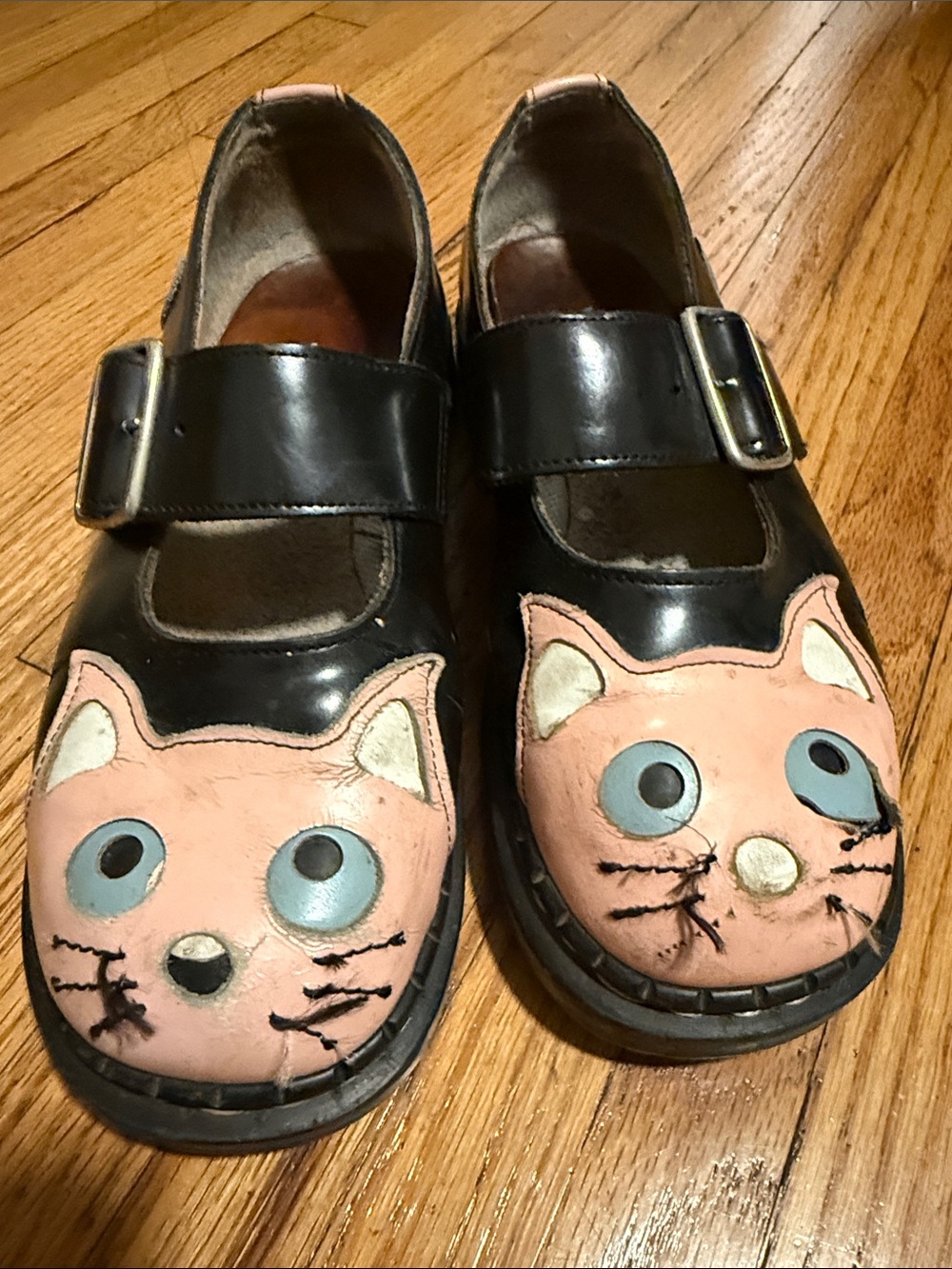 Black Mary Jane Flats with Pink Cat Appliqué